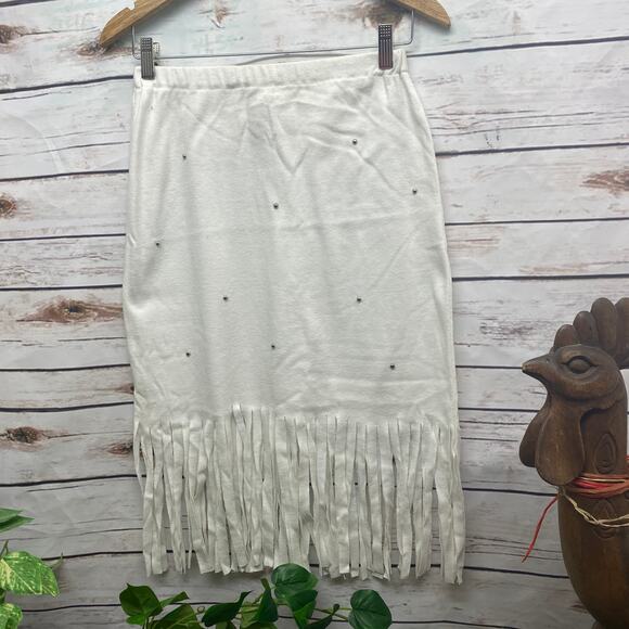 Andy Stone Stud & Fringe Midi White Cotton Skirt Small S Casual Dress - Picture 1 of 11